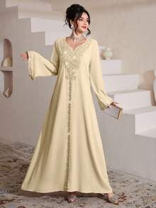 Al Najma Luxurious Embroidered & Beaded Loose Long Sleeve Split Maxi Dress, Turkish & Arabic Traditional Style - Yellow - View 7