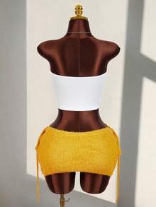 Amplova Damska dzianinowa mini spódniczka, bardzo niski stan, seksowne i awangardowe wiązanie z boku, żółta spódnica w kolorystyce dopaminy - Żółty - Zobacz 11