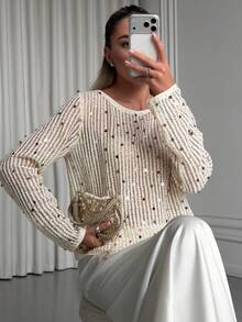 Livesso 女士休闲、假日、街头风闪亮亮片优雅新年、圣诞节、婚礼派对时尚镂空网纱薄款透明长袖露脐上衣，春夏秋季 - 米色 - 查看 7