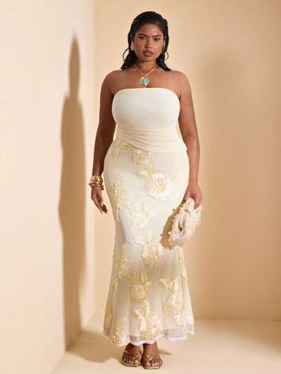 SHEIN BAE Plus Size Women 2pcs Set: Asymmetric Hem Tube Top & Applique Decorated Mini Skirt, Light Yellow,Curve ,Plus Size,Spring To Summer ,Spring Outfit Women,Valentine's Day Outfit ,Women Carnival Costume,Party,Beach Outfit For Women,Wedding,Elegant,Summer Holiday Outfits,Vacation