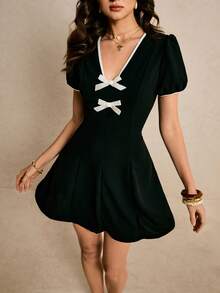 Poéselle Đầm ngắn nữ phối màu, thắt eo với nơ, thích hợp cho hẹn hò và đi chơi hàng ngày. - màu đen - Xem 7