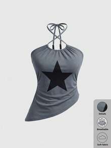 Rina Fox Women's Casual Star Print Asymmetric Hem Halter Neck Top, Summer - Grey - View 1