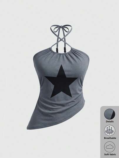 Rina Fox Women's Casual Star Print Asymmetric Hem Halter Neck Top, Summer