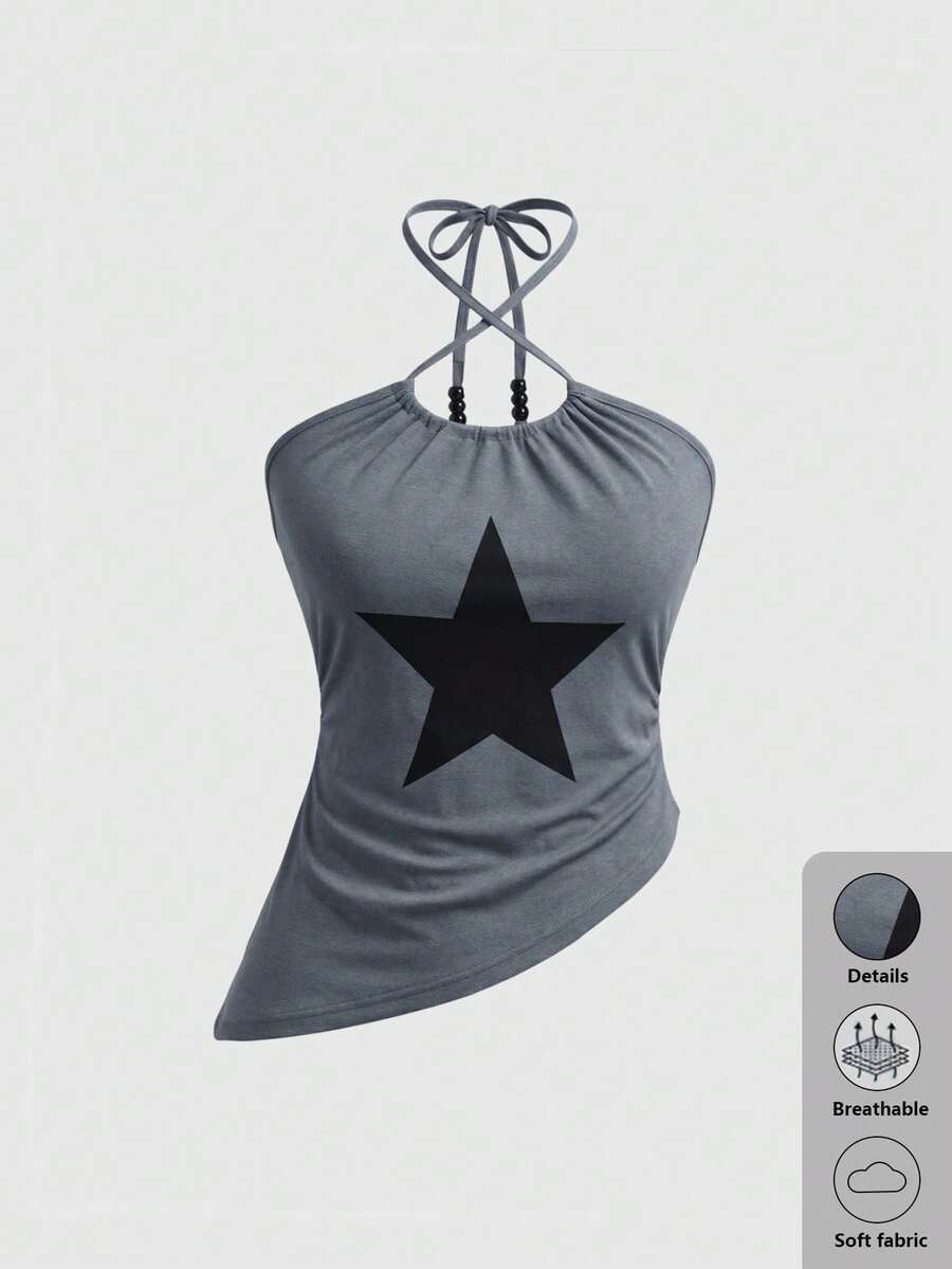 Rina Fox Women's Casual Star Print Asymmetric Hem Halter Neck Top, Summer - Grey - View 1