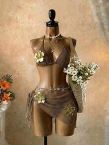 SaltGleam SaltGleam Set Bikini Halter dengan Dekorasi Logam untuk Wanita dan Celana Dalam Segitiga dengan Rok Mini, Cocok untuk Liburan di Pantai - Coklat - View 1