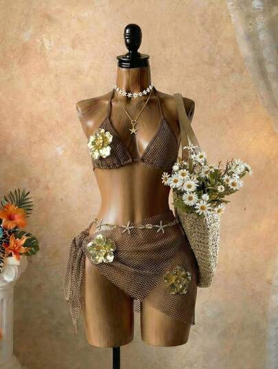 SaltGleam SaltGleam Conjunto de bikini con decoración metálica y top halter con lazo, y braga triangular con minifalda, adecuado para vacaciones en la playa