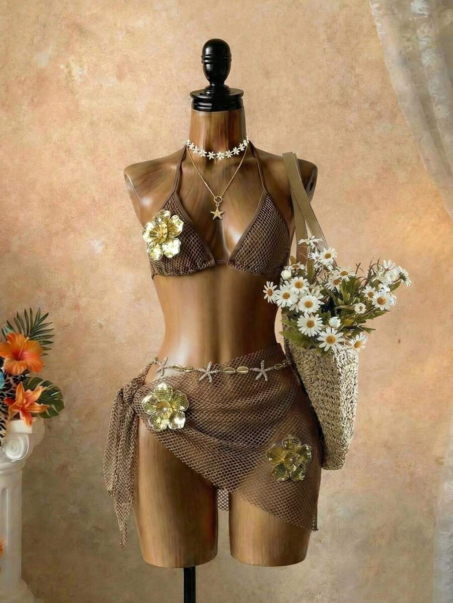 SaltGleam SaltGleam Set Bikini Halter dengan Dekorasi Logam untuk Wanita dan Celana Dalam Segitiga dengan Rok Mini, Cocok untuk Liburan di Pantai - Coklat - View 1