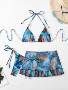 Swim SXY 3pcs Set: Tie-Dye Print Beaded Halter Top, Tie-Front Swim Bottoms, And Mini Skirt Bikini Set - Blue - View 3