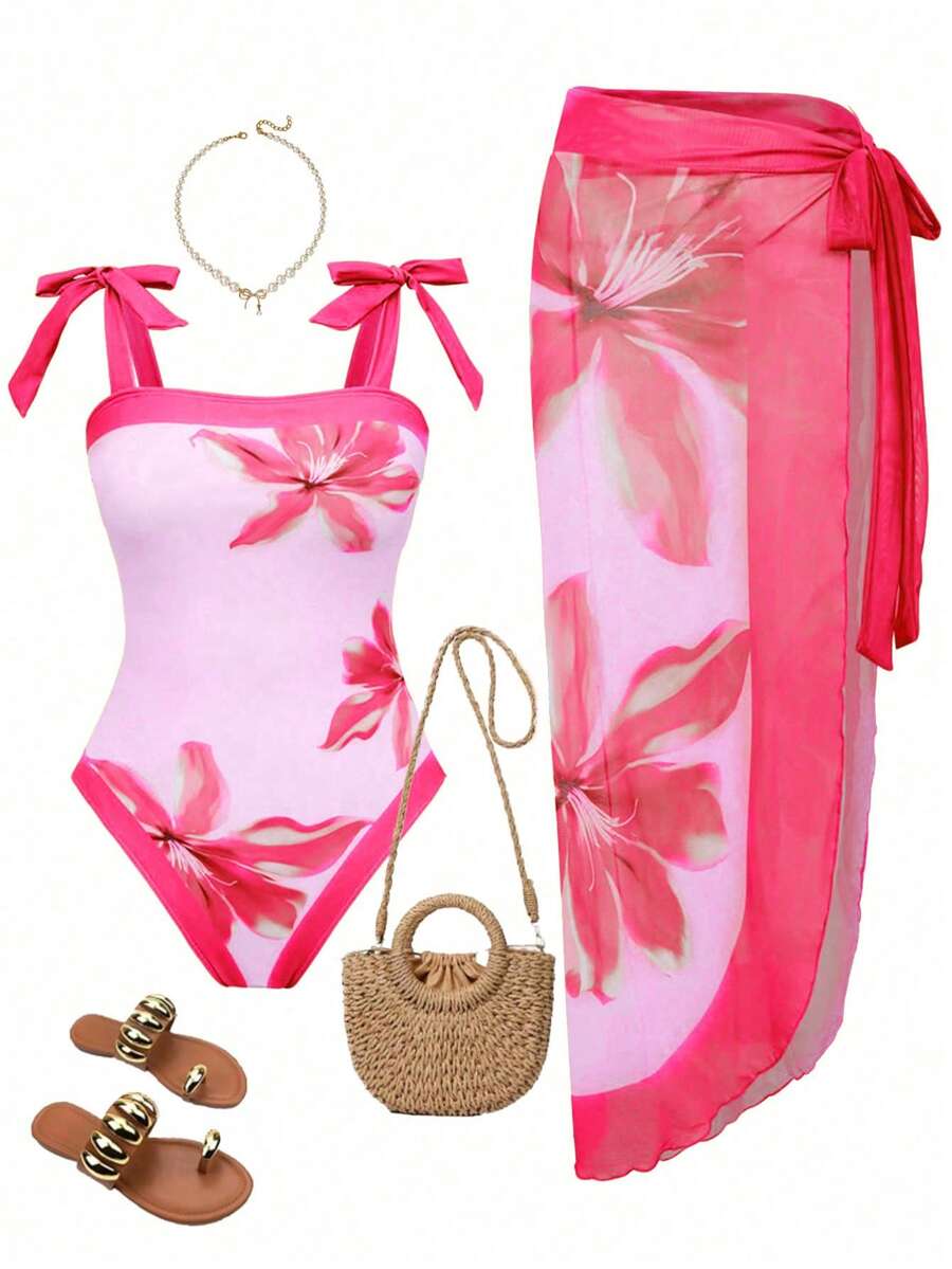 SHEIN Swim 2件套 女士简约随机印花吊带蝴蝶结连体泳衣和系带沙滩裙 夏季泳装 - 彩色 - 查看 1
