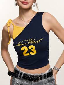 Rina Fox Women's Asymmetric Neck Letter Print Sleeveless Cropped Top - Royal Blue - View 5