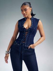 Denimoi Áo denim hở lưng buộc dây phía trước gợi cảm Áo denim trên denim thời trang - Rửa tối - Xem 3