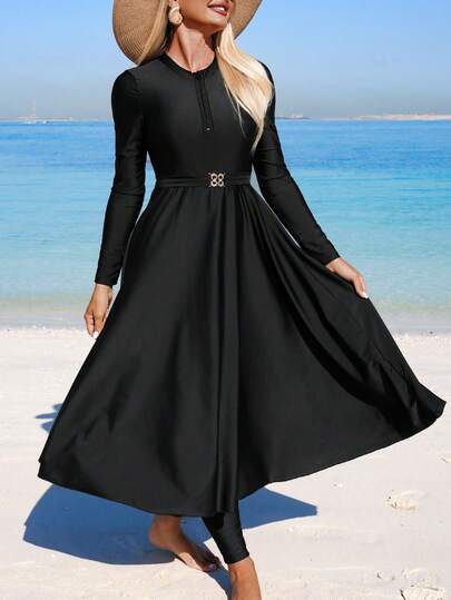 Swim Mulvari Women's Solid Color Zipper Half Placket Metal Decor Long Sleeve Top And Pants Vacation Beach Burkini Set