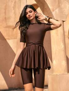 Swim Mulvari 女士纯色挂脖扭结褶皱吊带泳衣套装，适合海滩度假 - 棕色 - 查看 5