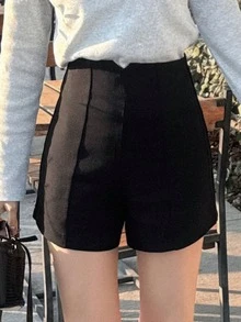 FRIFUL 女士纯黑色直筒短裤，V形腰带，修身百搭 - 黑色 - 查看 6