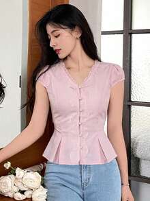 DAZY 女士休闲蕾丝拼接衬衫，优雅修身开衫，适合春夏、情人节、婚礼等场合。 - 粉色 - 查看 3