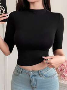 DAZY Áo thun nữ tay ngắn màu đen dáng ôm, thích hợp cho mùa xuân, mùa hè, ngày Valentine và mặc đi làm. - màu đen - Xem 3