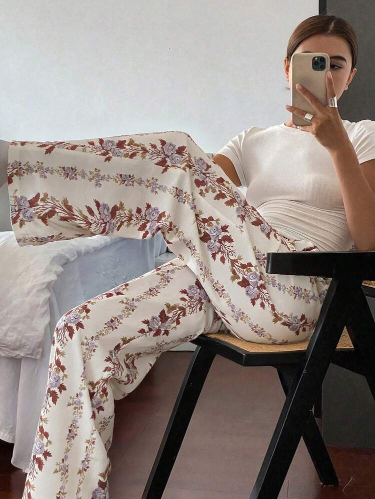 Vacation Floral Print Loose Women Pajama Bottoms