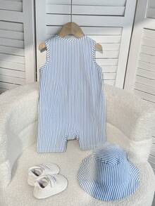 2-Piece Set With Free Hat: Baby Boy Baby Girl Summer Apricot Striped Crew Neck Sleeveless Jumpsuit And Vacation Casual Bucket Hat, Perfect For Travel - Blue - View 5