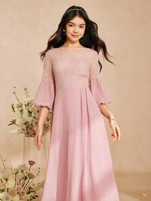 Elegant Flowing Lace Patchwork Chiffon Long Sleeve Waist Flared Long Dress, Suitable For Weddings, Formal Occasions, Parties, Performances, Birthdays, All Seasons - Pink - View 5