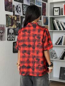 StreetHx Women's Red Plaid Brooch Letter Print Distressed Loose Retro Short Sleeve Shirt, Casual Versatile - Red - View 2