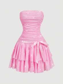 SHEIN MOD 女式纯色荷叶边下摆褶皱抹胸迷你连衣裙 - 淺粉色 - 查看 3