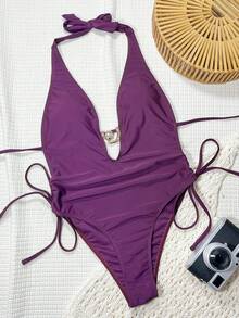 Swim SXY Solid Deep V Neck Twist Ruched Metal Decor Casual Beach Swimsuit For Women - Purple - View 4