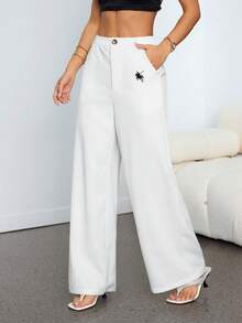 SHEIN PETITE Pantalones casuales anchos de pierna ancha con bolsillos de unicolor para mujer - Blanco - Ver 2