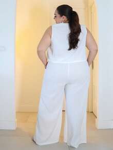 Pretty and Ole Plus Size Women's Boho Beach Music Festival Tropical Vacation Outfit, Casual Sleeveless Ruffle Tie Blouse And Straight Pocket Pants Set, Suitable For Spring/Summer Daily Wear - White - View 2