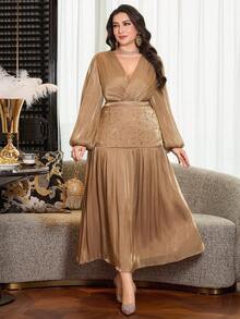 Modelyn Plus Size Women Elegant Lantern Sleeve Top & Rhinestone Embellished Skirt 2 Piece Set, Spring/Autumn - Champagne - View 3