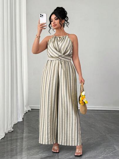 Elenzga Plus Size Women Casual Striped Jumpsuit, Waist Tie, Pearl Decor Neckline, Comfortable, Spring/Summer