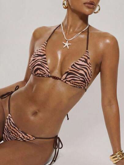 SHEIN BAE Women's Sexy Zebra Print 2 Pieces Swimsuit,Summer,Spring Break Outfits ,Valentine's Day,Beach ,Beach Outfits For Women ,Beach Outfit ,Birthday,Going Out,Cheetah Print ,2026 Summer New Women's Bikini,2026 Summer New Beachwear, Beach Party