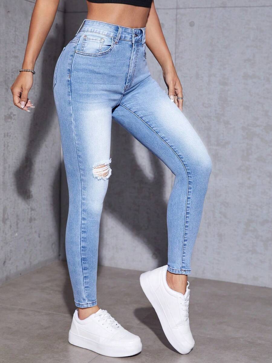 SHEIN PETITE High Waist Ripped Skinny Jeans - Light Wash - View 1