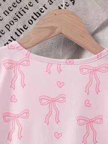 Ensemble T-shirt court en tricot à col rond avec imprimé nœud mignon de style Y2K pour filles + Jupe mini plissée de couleur unie - Rose bonbon - Voir 3