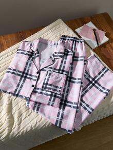 SHEIN Plaid Print Lapel Cardigan Women's Pajamas Set, Long Sleeve Top And Pants - Multicolor - View 1