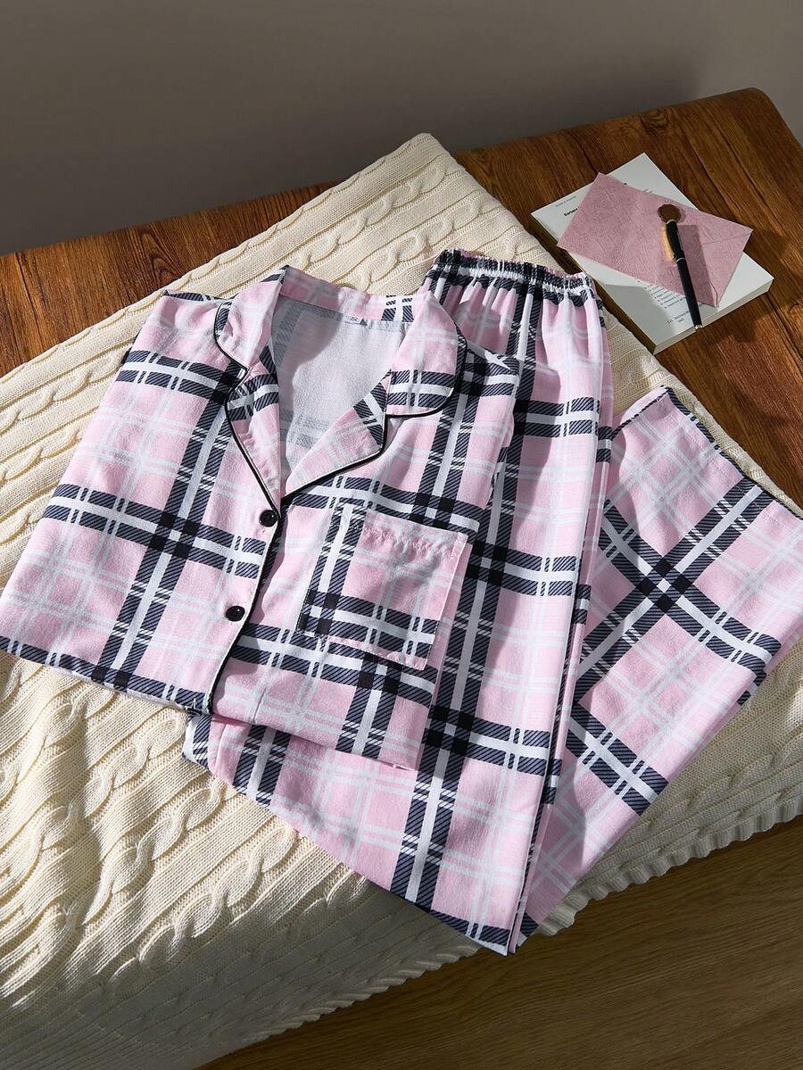 SHEIN Plaid Print Lapel Cardigan Women's Pajamas Set, Long Sleeve Top And Pants - Multicolor - View 1