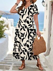 EMERY ROSE Plus Size Women Casual Leaf Print V-Neck Short Sleeve Dress, Suitable For Summer Spring/Flower/Vacation - Multicolor - View 1