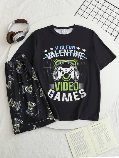 2件套青少年男孩黑色卡通游戏机夜光字母印花针织圆领短袖T恤和短裤睡衣套装，柔软亲肤面料，适合夏季穿着和户外休闲穿着