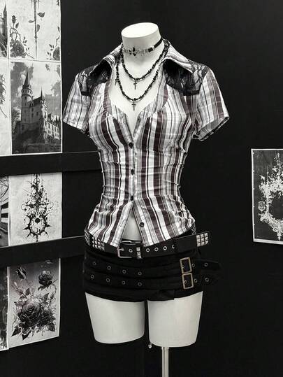 EgrlEra 深V领性感格纹撞色蕾丝衬衫