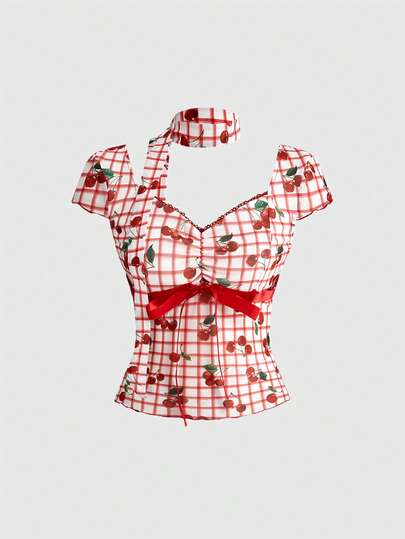 ROMWE Women's Plaid Cherry Print Bow Decor Fitted Casual Short Sleeve T-Shirt