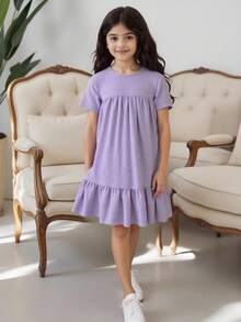 SHEIN 少女纹理面料休闲度假宽松连衣裙 - 紫色 - 查看 5