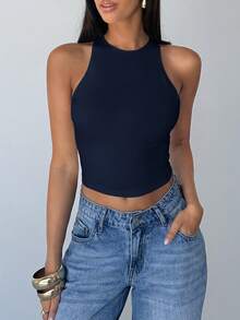 Aloruh Áo tank top nữ gợi cảm hở lưng, dây chéo, thích hợp cho mùa hè - Màu xanh hải quân - Xem 3