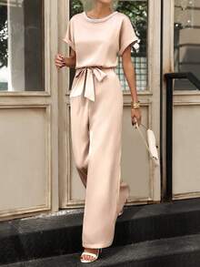 Editum 女士新款优雅收腰修身串珠纯色缎面连体裤，适合日常穿着、婚礼、派对及多种场合。 - 杏色 - 查看 9