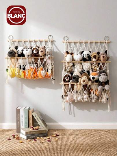 Madebyblanc 1 Pc Wall-Mounted Handwoven Rope Storage Rack - Multi-Layer Organizer For Stuffed Animals, Magazines & Newspapers Bedroom Home Decor Tapestry Art Piece