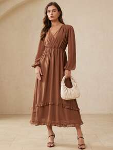 Femmeiva Fashionable Design Sense Casual Ruffled Cinched Waist Long Sleeve Dress - Brown - View 4