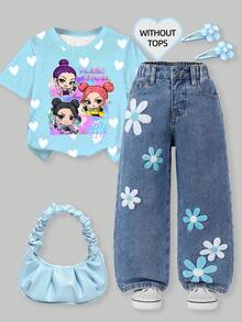 Jeans acampanados con bordado de copos de nieve lavados y desgastados para niña de moda - Azul - Ver 1
