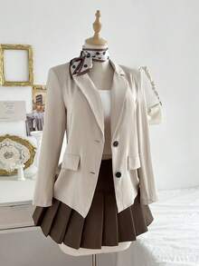 Elamini 女士卡其色薄款西装外套，休闲工作装，百搭舒适，春夏款 - 卡其色 - 查看 5