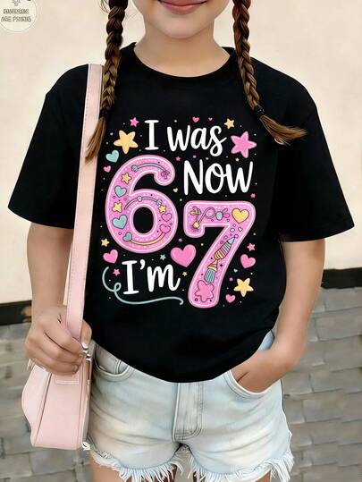 Young Girl's Casual Minimalist Versatile Black Short Sleeve T-Shirt, Colorful Number 67 & Star Heart Design, Round Neck Tee Suitable For Spring/Summer, Lightweight & Comfortable, Fashionable Casual Wear For Outdoor, Gathering, Campus, Festivals, Gifts
