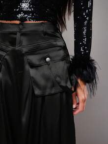 NYA SZN 高腰阔腿工装裤，宽松飘逸，棕色缎面材质，适合冬季商务休闲场合，适合特殊活动和特殊场合，尽显女性奢华气质。 - 黑色 - 查看 5