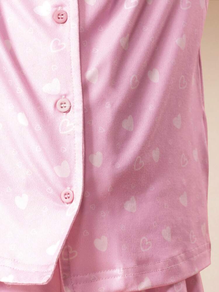 Heart Print Button Up Pajama Set