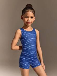 这款女童无袖连体衣采用蓝色底白色波点印花面料，高弹力设计，背部时尚镂空，活动自如，适合体操、瑜伽、居家锻炼以及日常休闲穿着。 - 藍色 - 查看 6